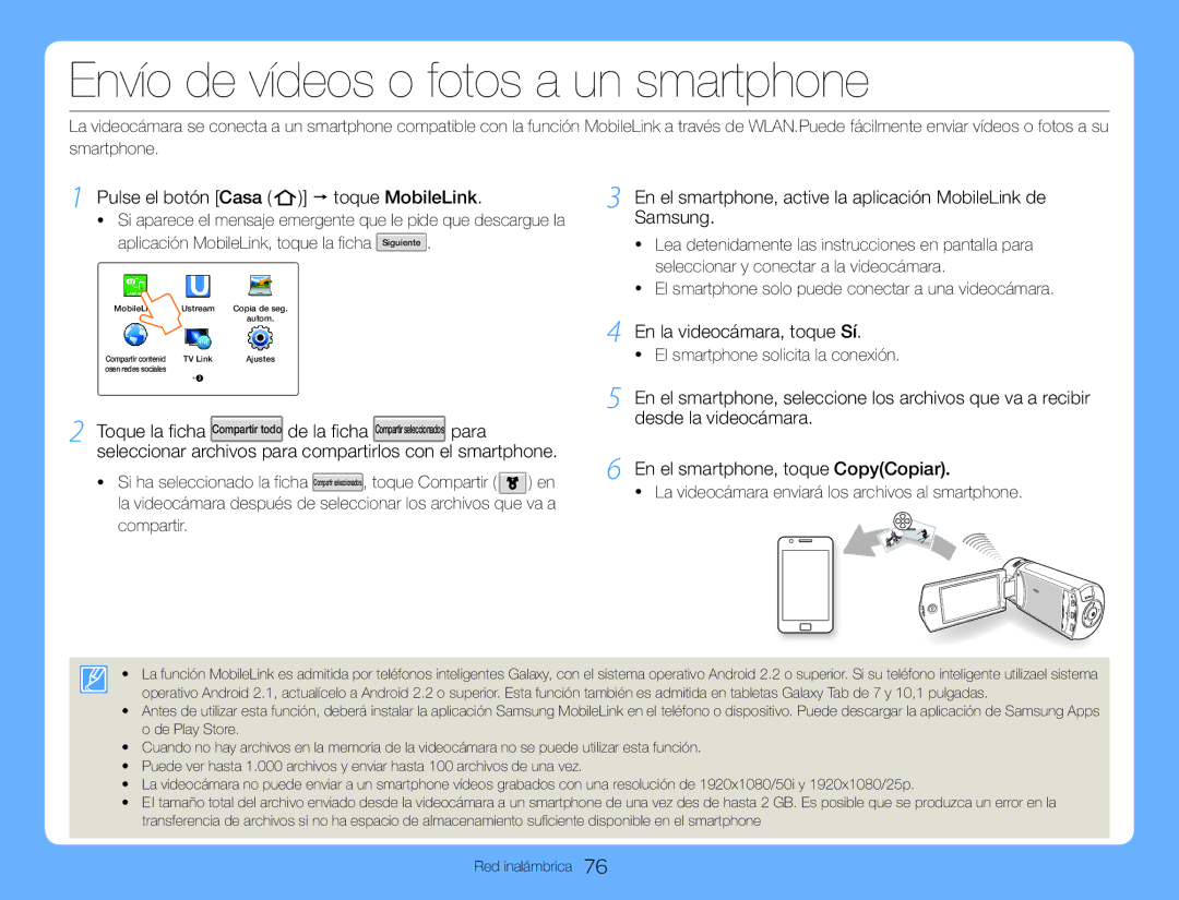 Samsung HMX-QF30BP/EDC, HMX-QF30WP/EDC Envío de vídeos o fotos a un smartphone, Pulse el botón Casa p toque MobileLink 