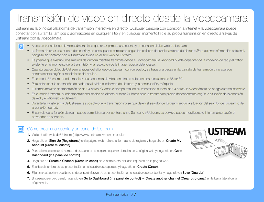 Samsung HMX-QF30WP/EDC, HMX-QF30BP/EDC, HMX-QF30BP/XIL, HMX-QF30WP/XIL Transmisión de vídeo en directo desde la videocámara 