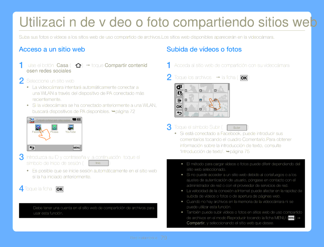 Samsung HMX-QF30WP/XIL, HMX-QF30BP/EDC, HMX-QF30WP/EDC, HMX-QF30BP/XIL manual Acceso a un sitio web, Subida de vídeos o fotos 