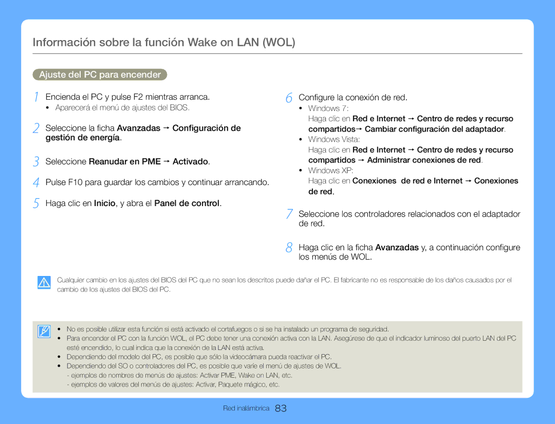 Samsung HMX-QF30WP/XIL, HMX-QF30BP/EDC manual Información sobre la función Wake on LAN WOL, Ajuste del PC para encender 