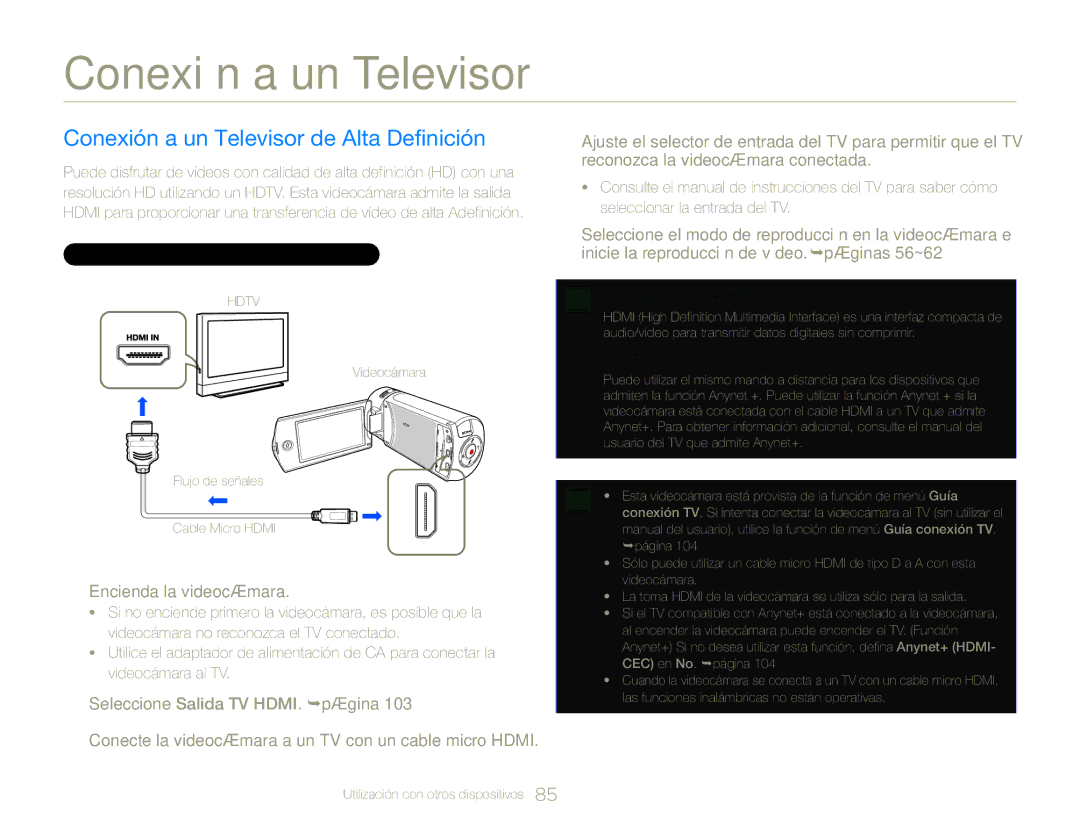 Samsung HMX-QF30WP/EDC, HMX-QF30BP/EDC Conexión a un Televisor de Alta Definición, Utilización de un cable micro Hdmi 