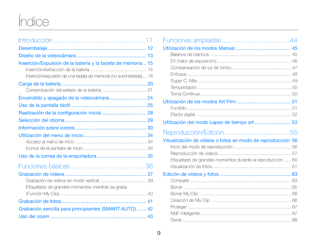 Samsung HMX-QF30WP/EDC, HMX-QF30BP/EDC, HMX-QF30BP/XIL, HMX-QF30WP/XIL manual Índice 