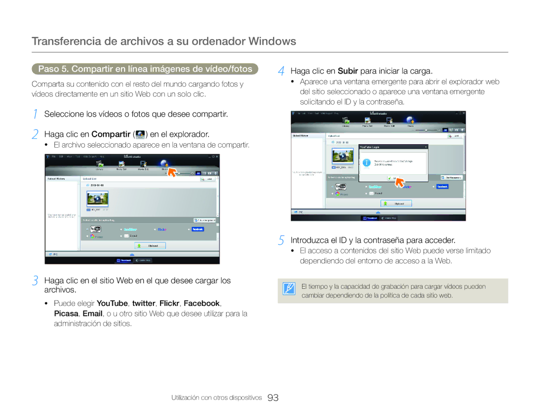 Samsung HMX-QF30WP/EDC manual Paso 5. Compartir en línea imágenes de vídeo/fotos, Haga clic en Subir para iniciar la carga 