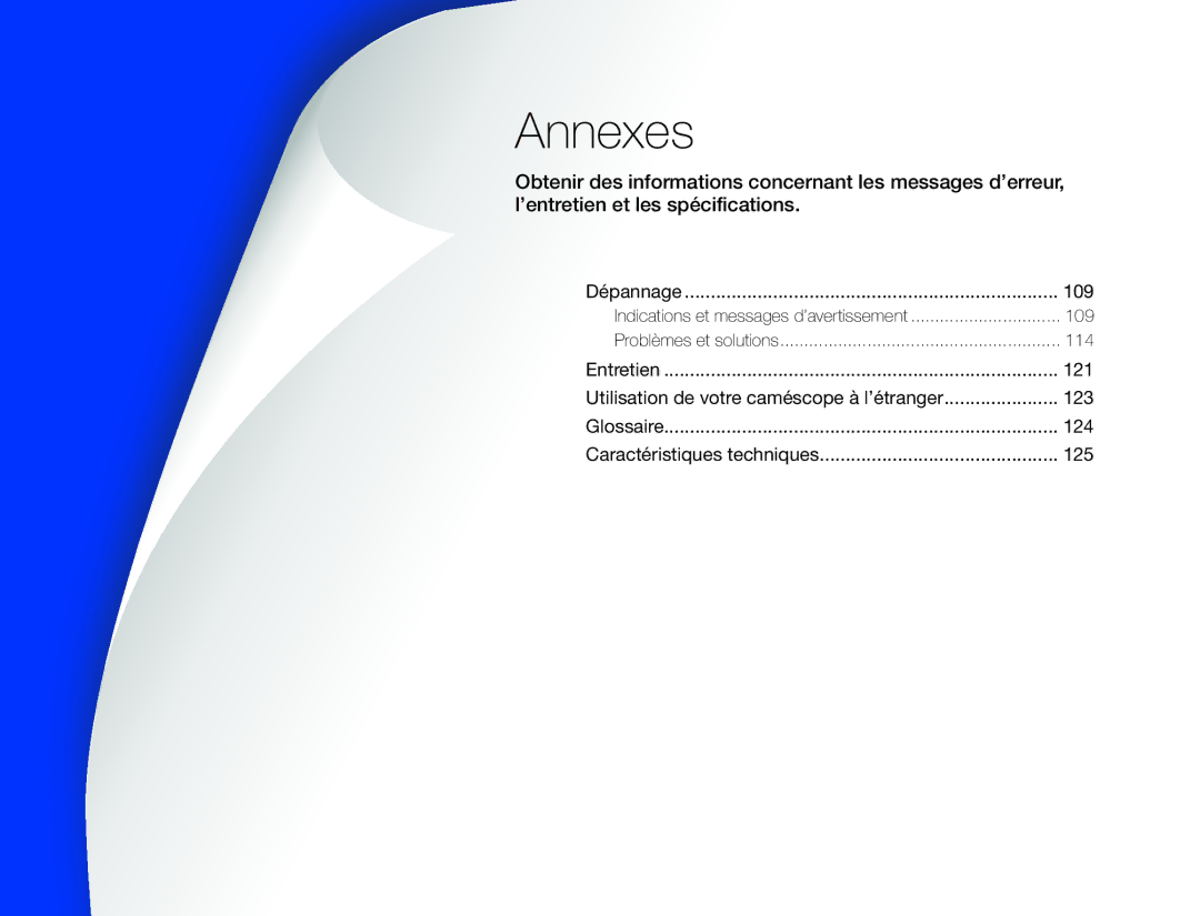 Samsung HMX-QF30BP/EDC Annexes, 121, Utilisation de votre caméscope à l’étranger 123, 124, Caractéristiques techniques 125 