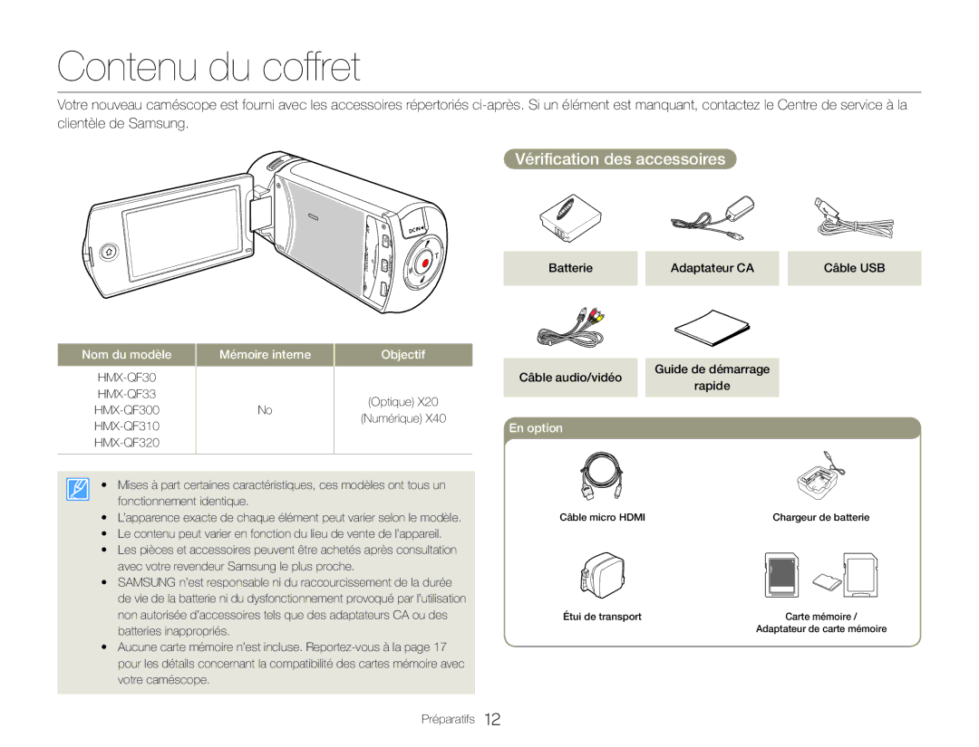 Samsung HMX-QF30BP/EDC, HMX-QF30WP/EDC manual Contenu du coffret, Vérification des accessoires 