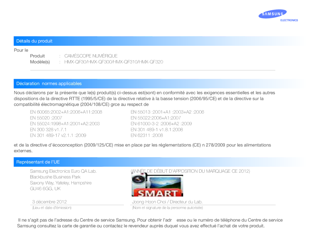 Samsung HMX-QF30BP/EDC, HMX-QF30WP/EDC manual Déclaration de conformité, Samsung Electronics Euro QA Lab 