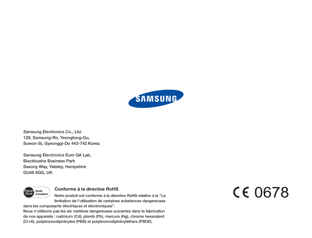 Samsung HMX-QF30BP/EDC, HMX-QF30WP/EDC manual Conforme à la directive RoHS 