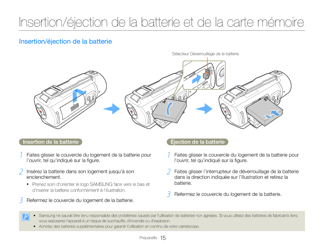 Samsung HMX-QF30WP/EDC, HMX-QF30BP/EDC Insertion/éjection de la batterie, Insertion de la batterie Éjection de la batterie 