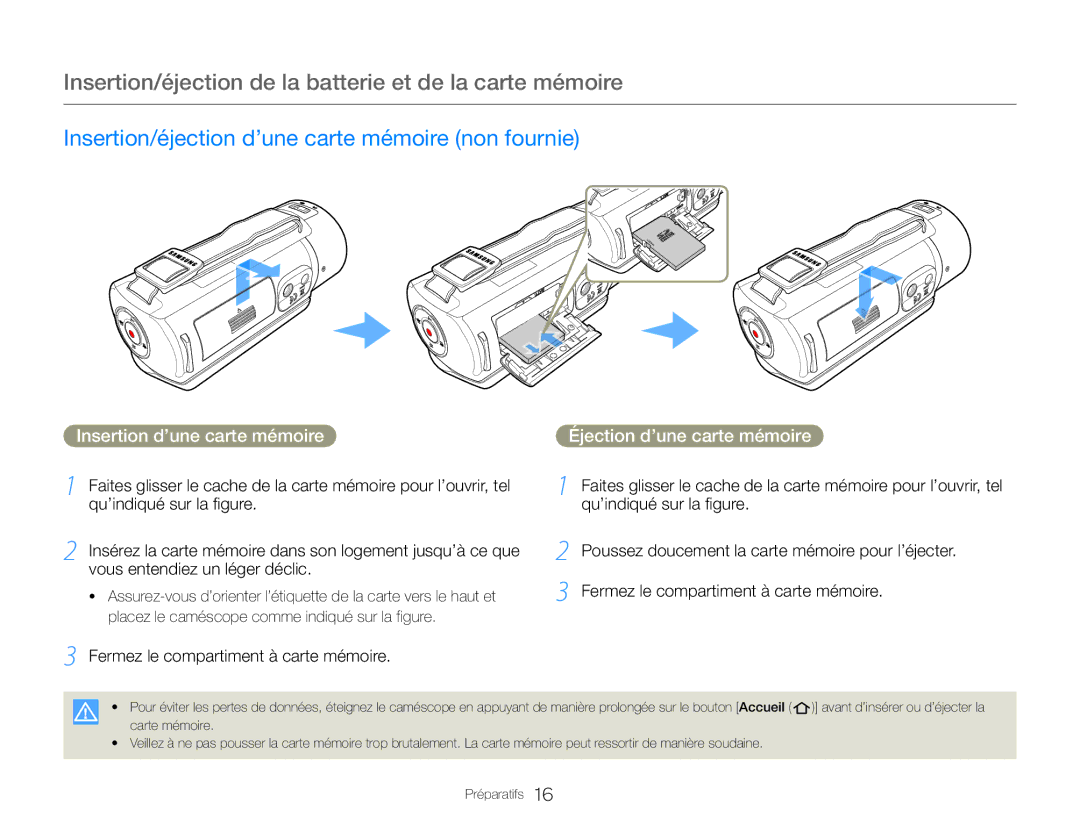 Samsung HMX-QF30BP/EDC, HMX-QF30WP/EDC manual Insertion/éjection de la batterie et de la carte mémoire 