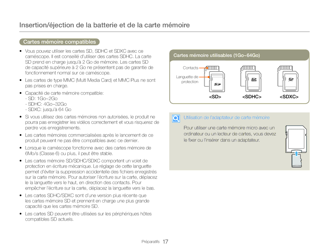 Samsung HMX-QF30WP/EDC, HMX-QF30BP/EDC manual Cartes mémoire compatibles, Utilisation de l’adaptateur de carte mémoire 