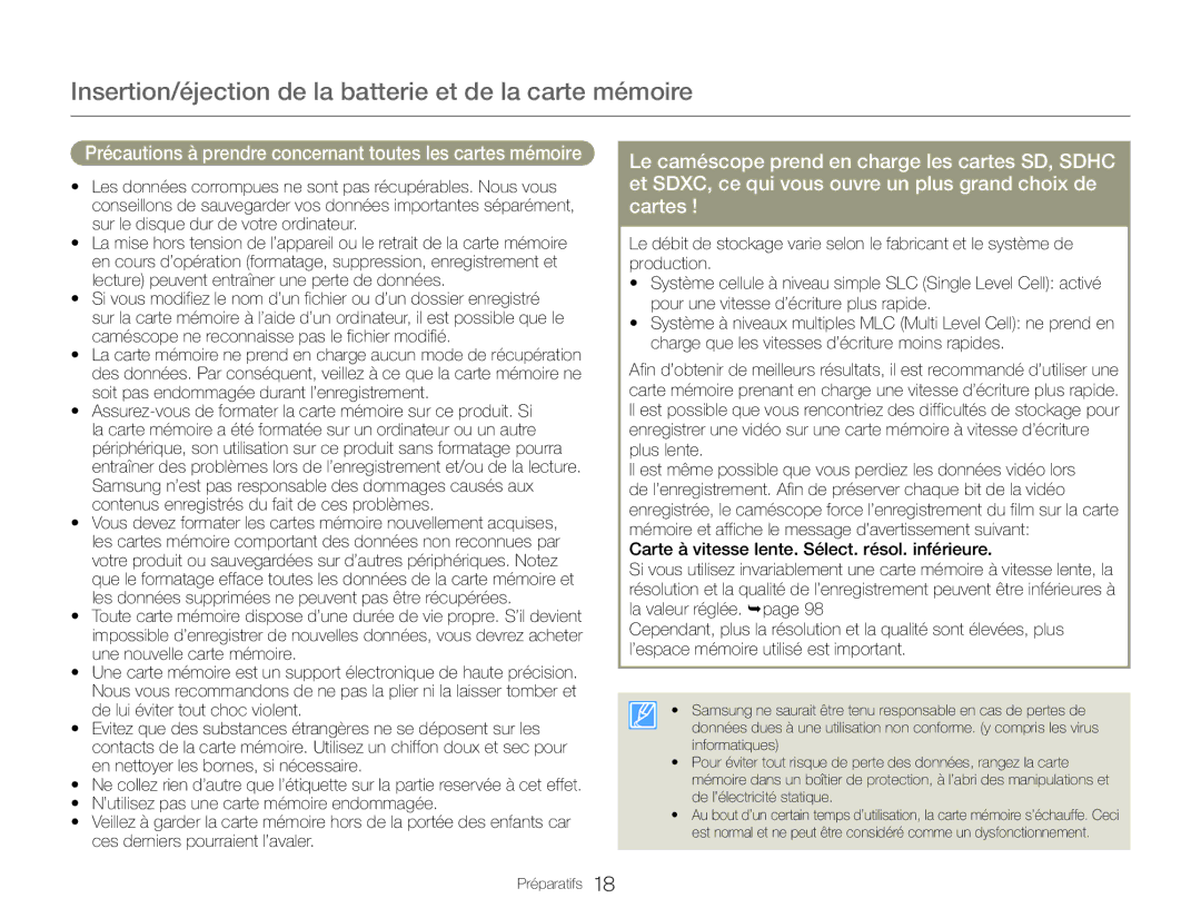 Samsung HMX-QF30BP/EDC, HMX-QF30WP/EDC manual Précautions à prendre concernant toutes les cartes mémoire 