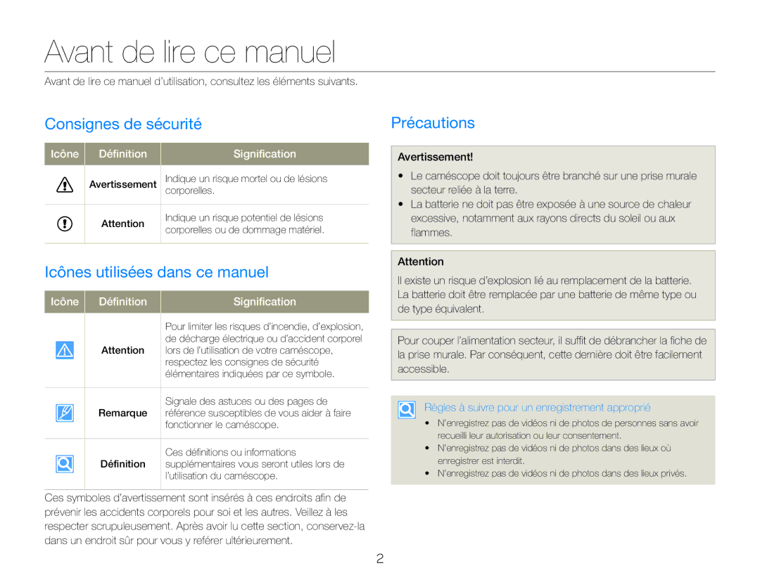 Samsung HMX-QF30BP/EDC manual Avant de lire ce manuel, Consignes de sécurité, Icônes utilisées dans ce manuel, Précautions 