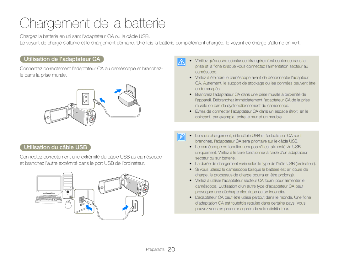 Samsung HMX-QF30BP/EDC, HMX-QF30WP/EDC Chargement de la batterie, Utilisation de l’adaptateur CA, Utilisation du câble USB 