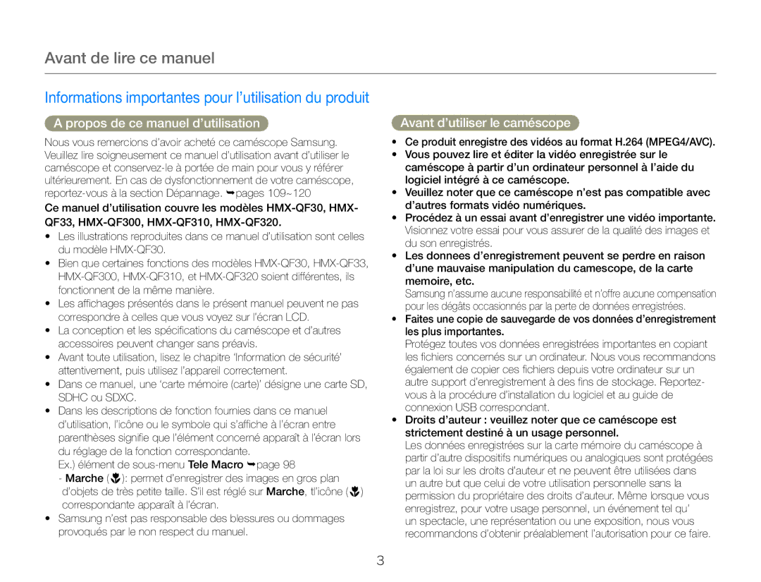 Samsung HMX-QF30WP/EDC manual Avant de lire ce manuel, Propos de ce manuel d’utilisation, Avant d’utiliser le caméscope 