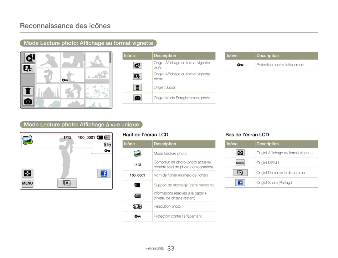 Samsung HMX-QF30WP/EDC manual Mode Lecture photo Affichage au format vignette, Mode Lecture photo Affichage à vue unique 