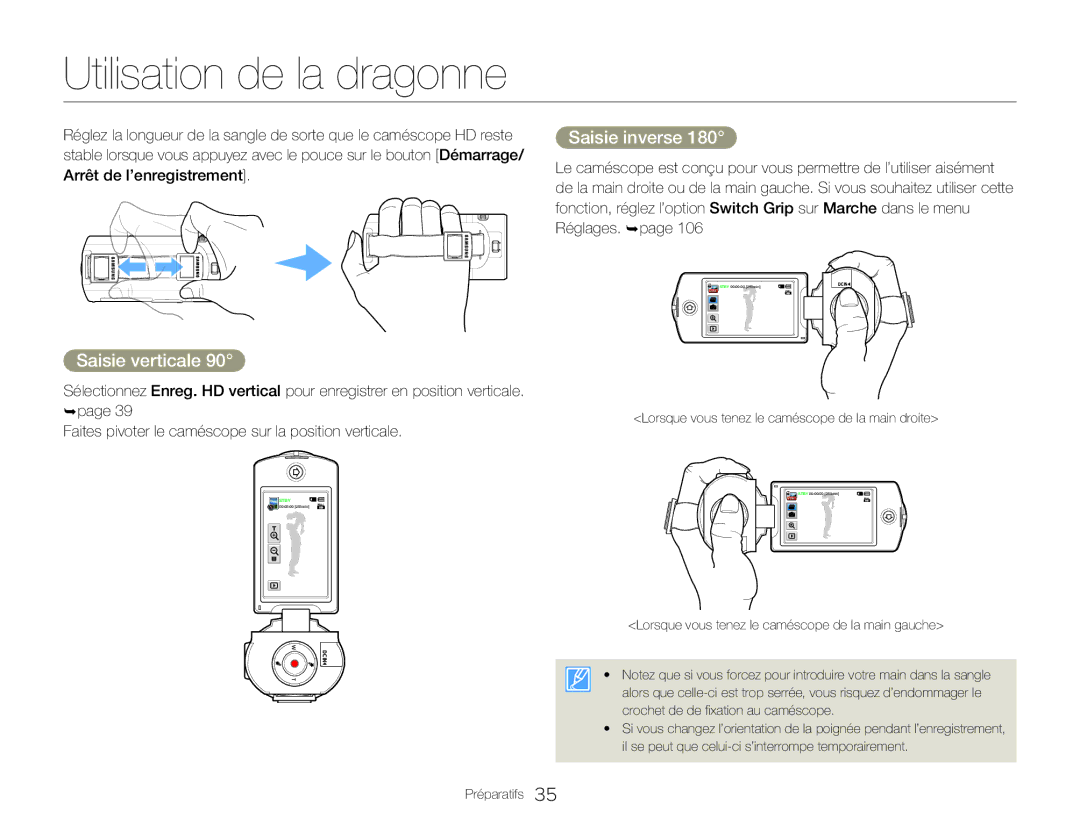 Samsung HMX-QF30WP/EDC, HMX-QF30BP/EDC manual Utilisation de la dragonne, Saisie inverse, Saisie verticale 