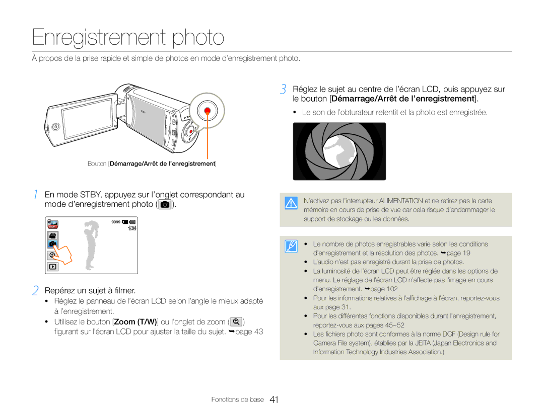 Samsung HMX-QF30WP/EDC, HMX-QF30BP/EDC manual Enregistrement photo 