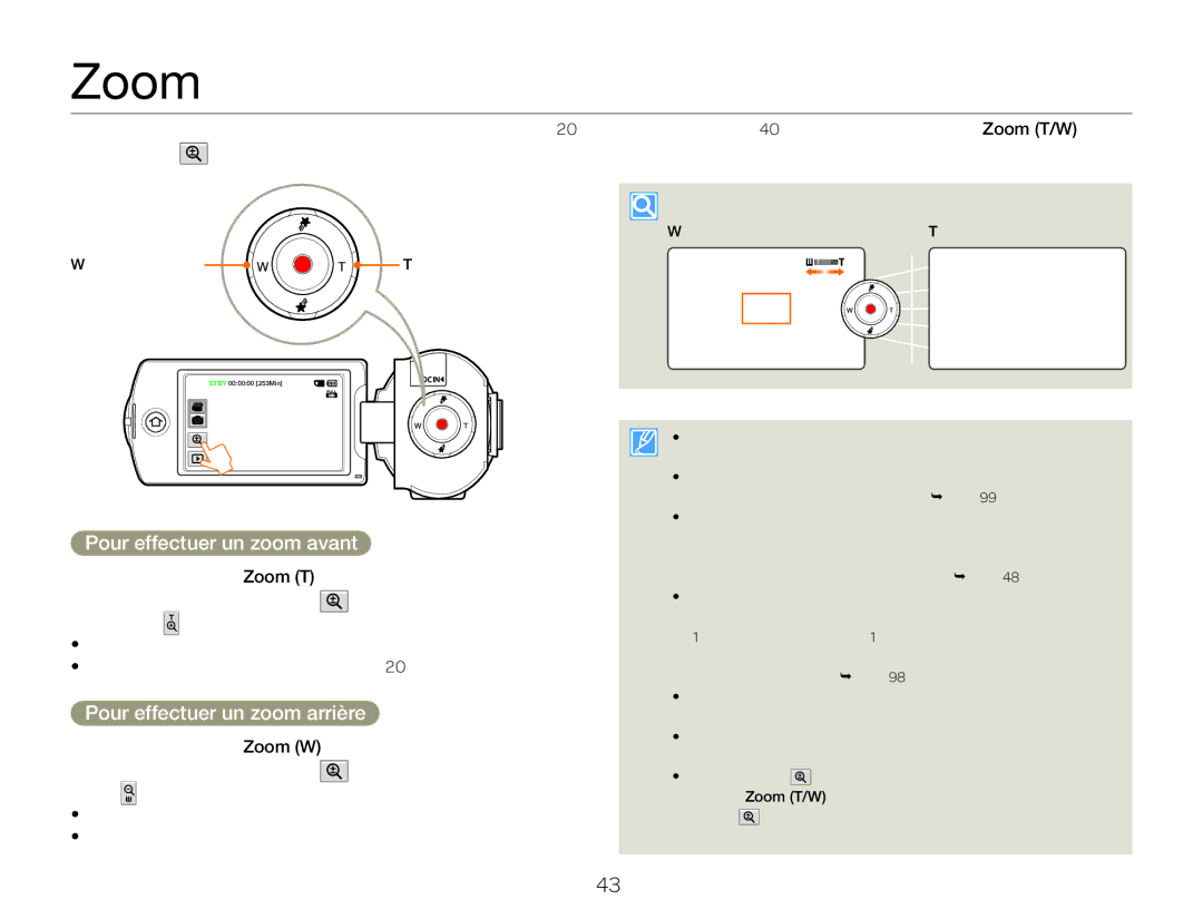 Samsung HMX-QF30WP/EDC, HMX-QF30BP/EDC manual Zoom, Pour effectuer un zoom avant, Pour effectuer un zoom arrière 