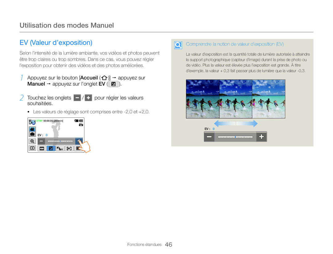 Samsung HMX-QF30BP/EDC Utilisation des modes Manuel, EV Valeur d’exposition, Touchez les onglets / pour régler les valeurs 