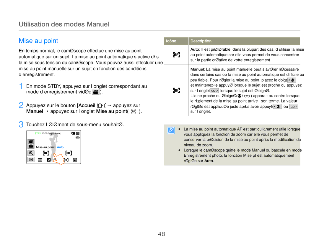 Samsung HMX-QF30BP/EDC, HMX-QF30WP/EDC manual Mise au point 