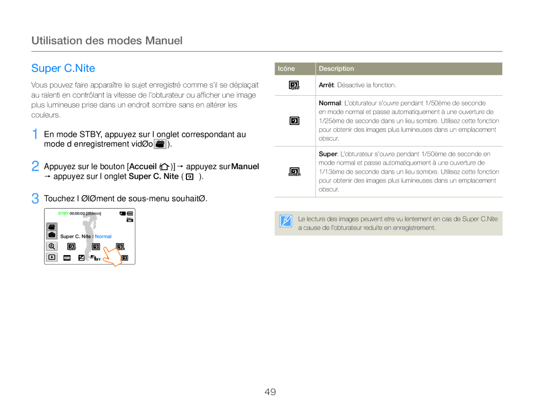 Samsung HMX-QF30WP/EDC Super C.Nite, En mode STBY, appuyez sur l’onglet correspondant au, Mode d’enregistrement vidéo 