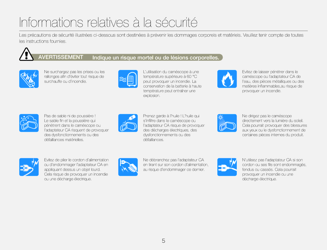 Samsung HMX-QF30WP/EDC, HMX-QF30BP/EDC manual Informations relatives à la sécurité 