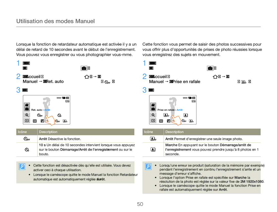 Samsung HMX-QF30BP/EDC, HMX-QF30WP/EDC manual Ret. auto, Prise en rafale 