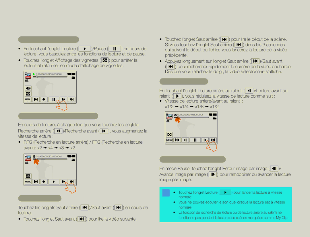 Samsung HMX-QF30WP/EDC manual Lecture / Pause / Arrêt, Recherche en cours de lecture, Saut de lecture, Lecture au ralenti 