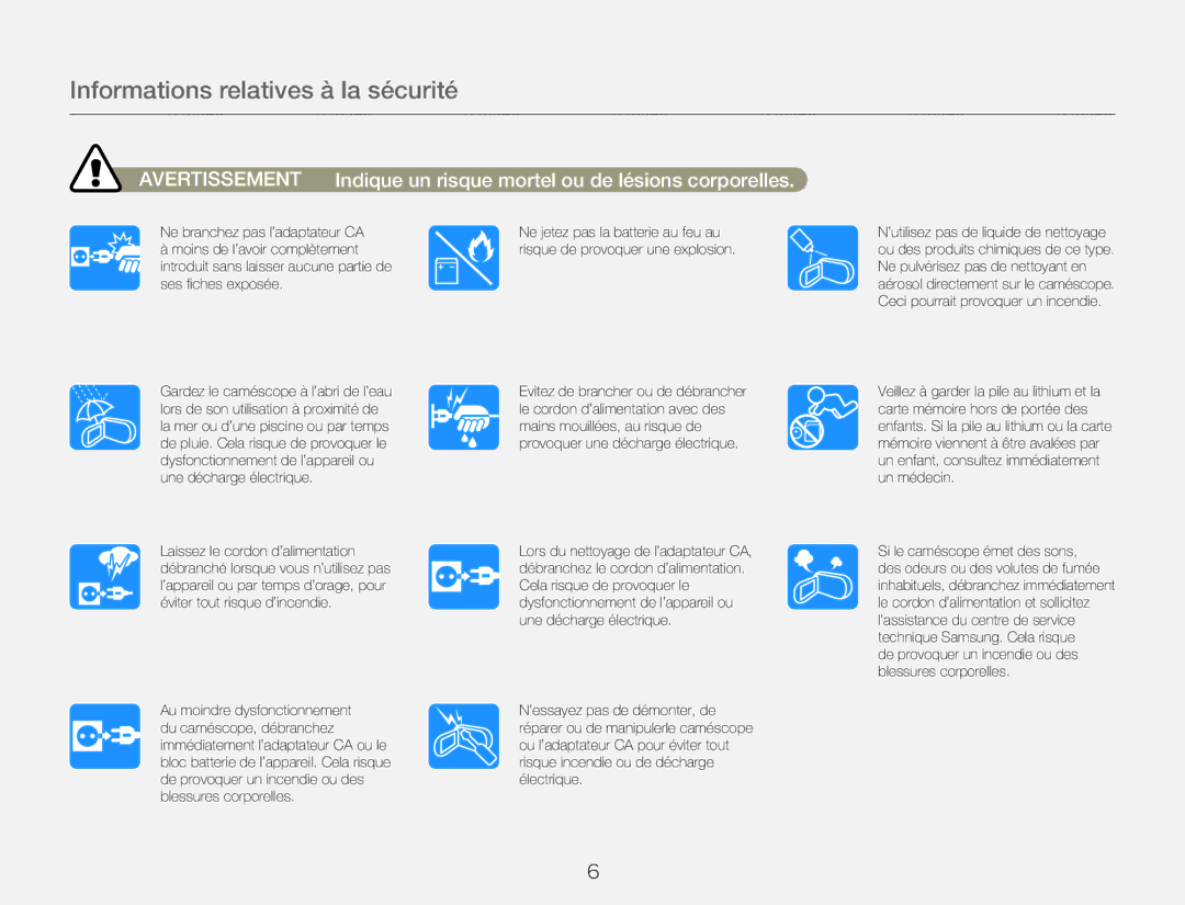 Samsung HMX-QF30BP/EDC, HMX-QF30WP/EDC manual Informations relatives à la sécurité 