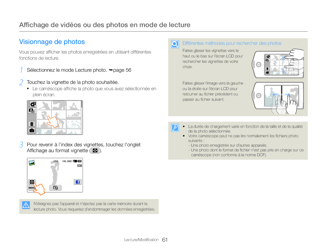 Samsung HMX-QF30WP/EDC, HMX-QF30BP/EDC manual Visionnage de photos, Différentes méthodes pour rechercher des photos 