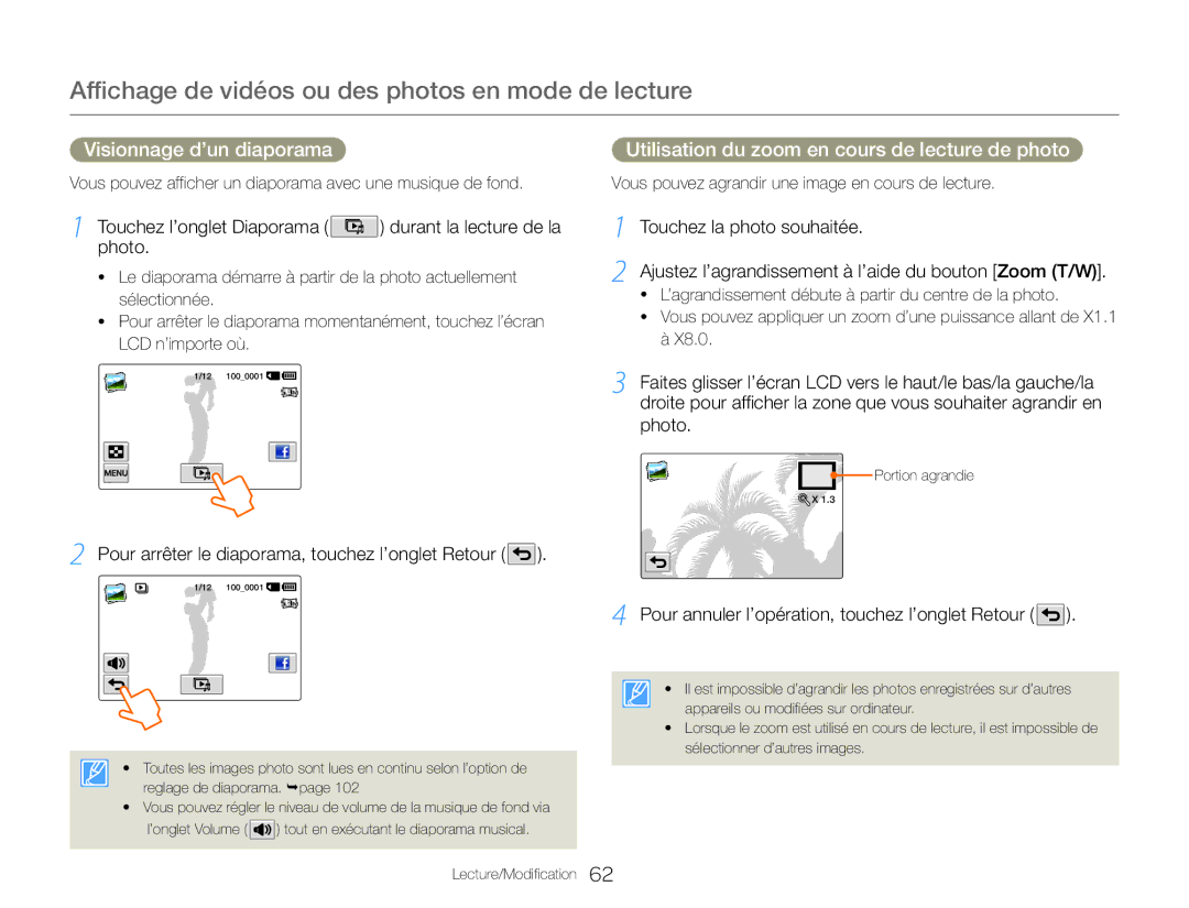 Samsung HMX-QF30BP/EDC, HMX-QF30WP/EDC manual Photo, Pour annuler l’opération, touchez l’onglet Retour 