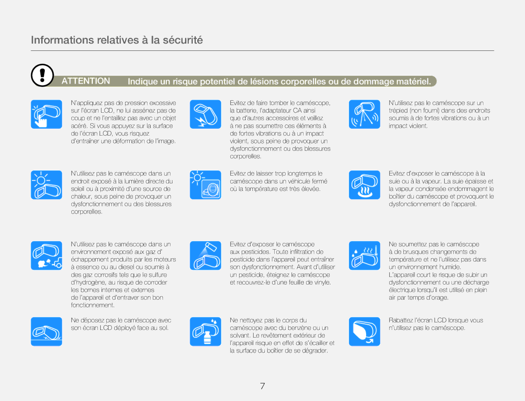 Samsung HMX-QF30WP/EDC, HMX-QF30BP/EDC manual Informations relatives à la sécurité 