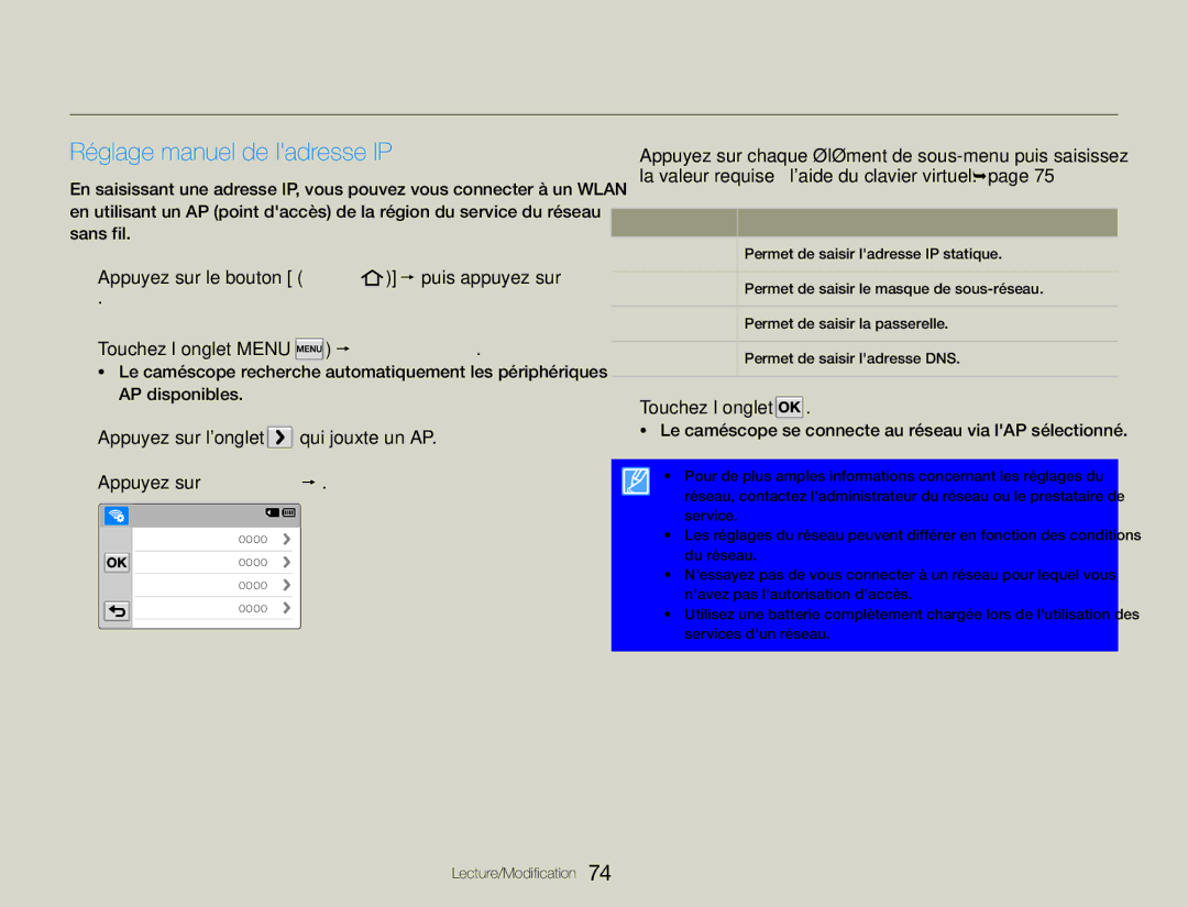 Samsung HMX-QF30BP/EDC, HMX-QF30WP/EDC manual Réglage manuel de ladresse IP 