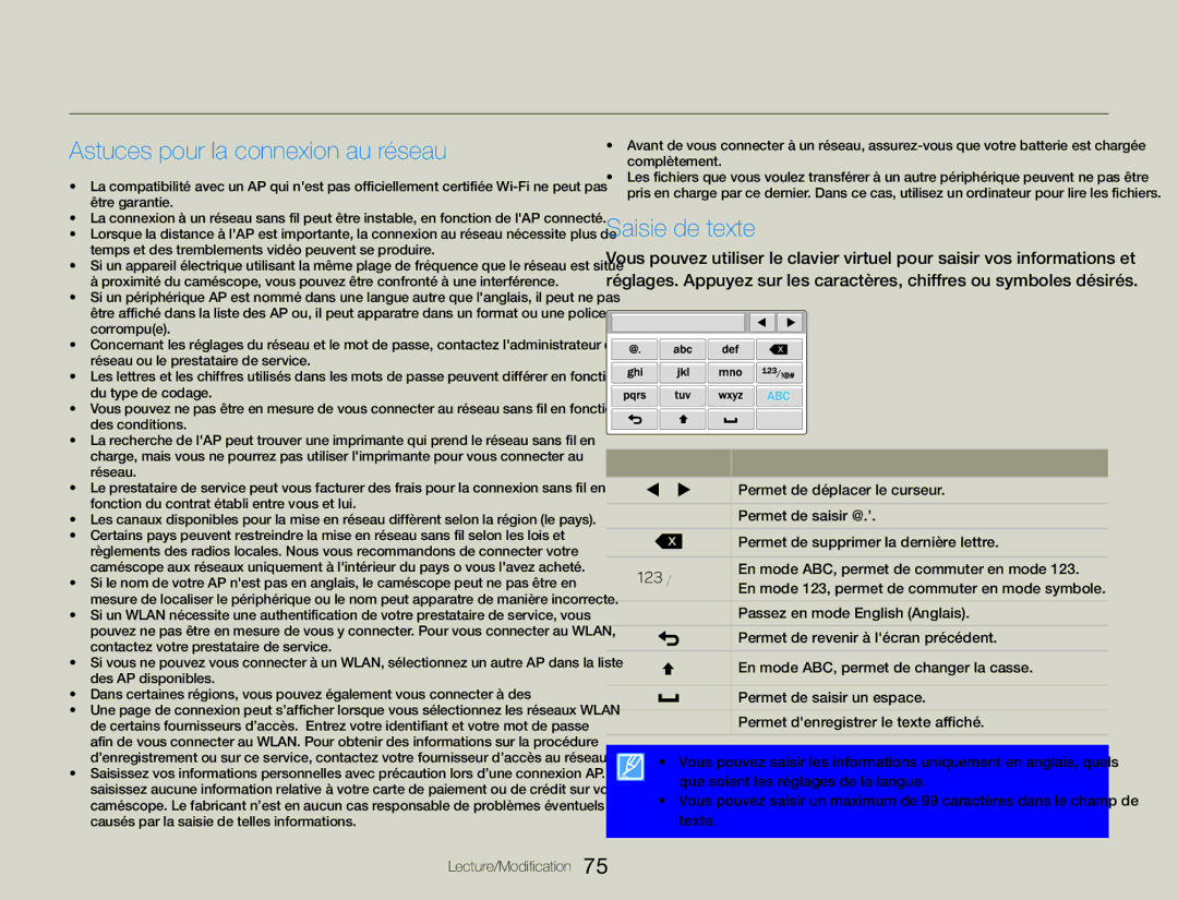 Samsung HMX-QF30WP/EDC, HMX-QF30BP/EDC manual Astuces pour la connexion au réseau, Saisie de texte, 123 /!@# 