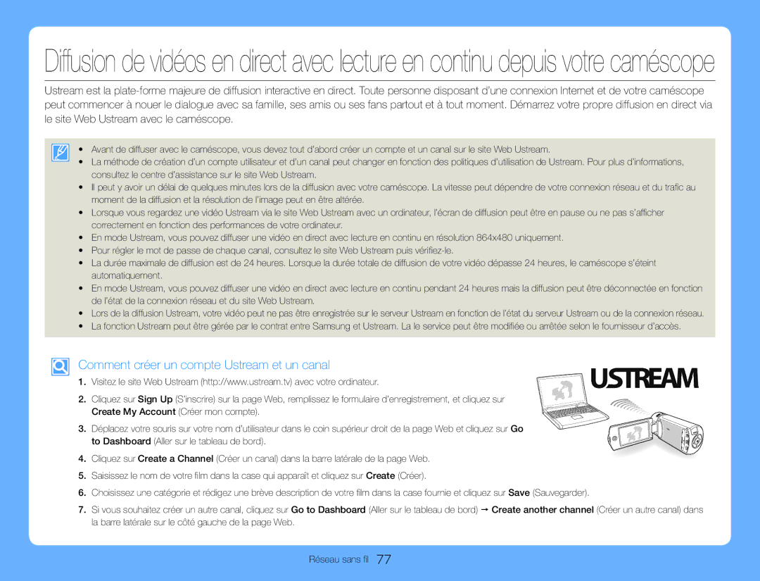 Samsung HMX-QF30WP/EDC, HMX-QF30BP/EDC manual Comment créer un compte Ustream et un canal 
