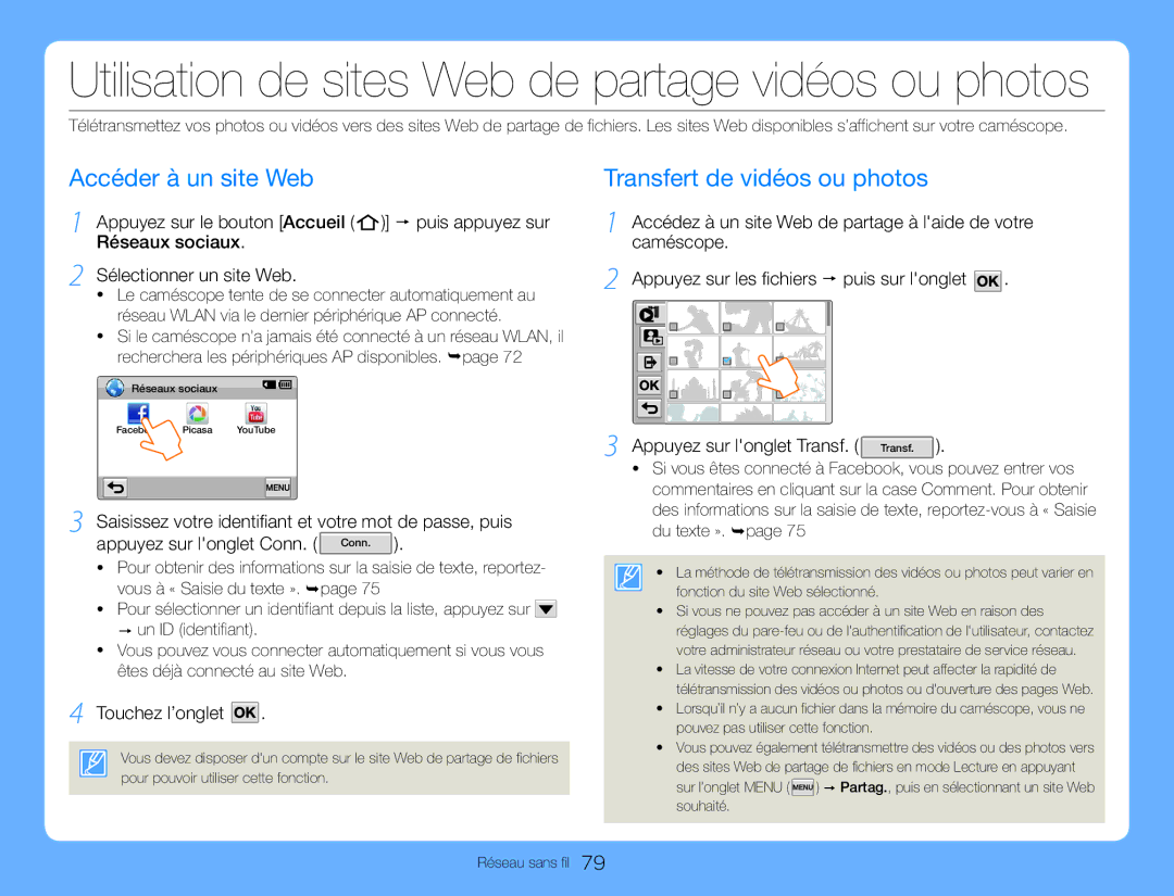 Samsung HMX-QF30WP/EDC manual Accéder à un site Web Transfert de vidéos ou photos, Appuyez sur longlet Transf. Transf 