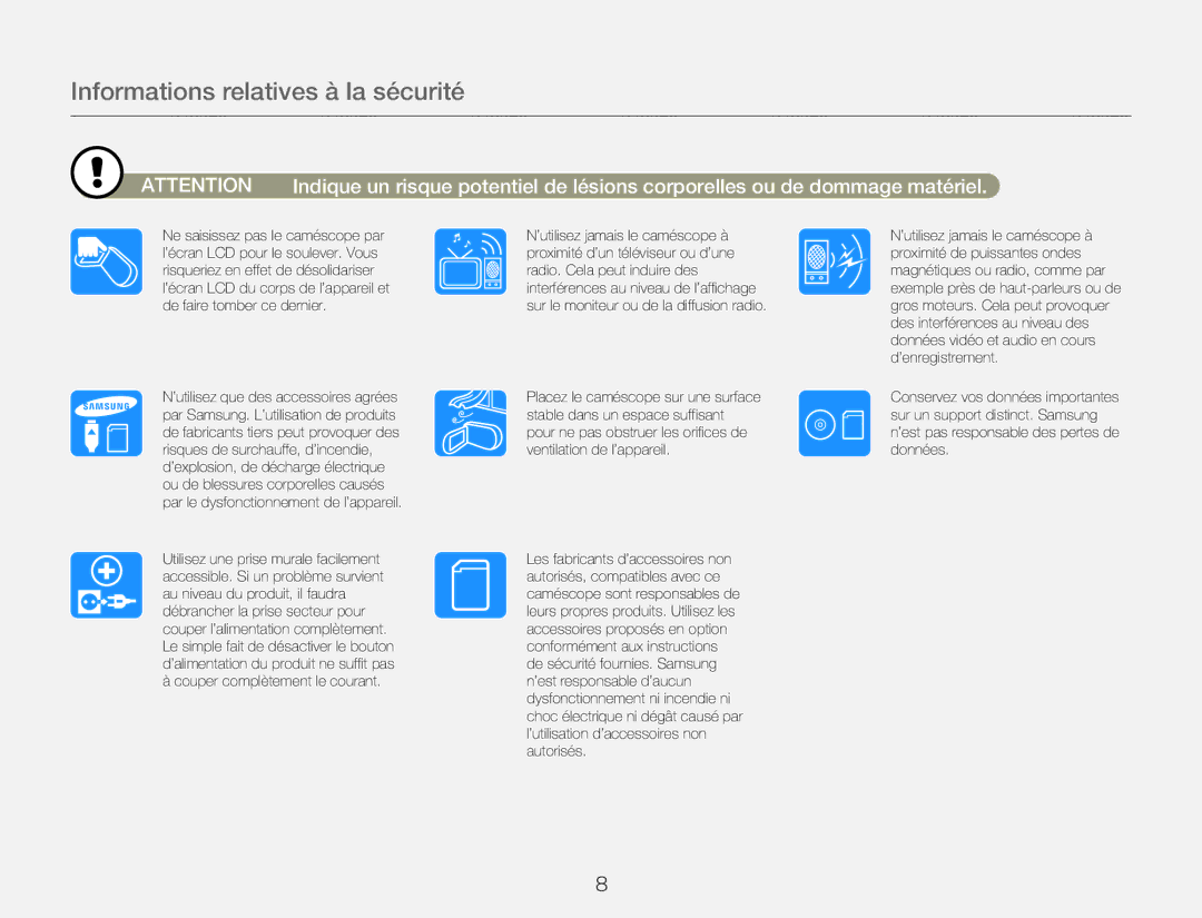 Samsung HMX-QF30BP/EDC, HMX-QF30WP/EDC manual Informations relatives à la sécurité 