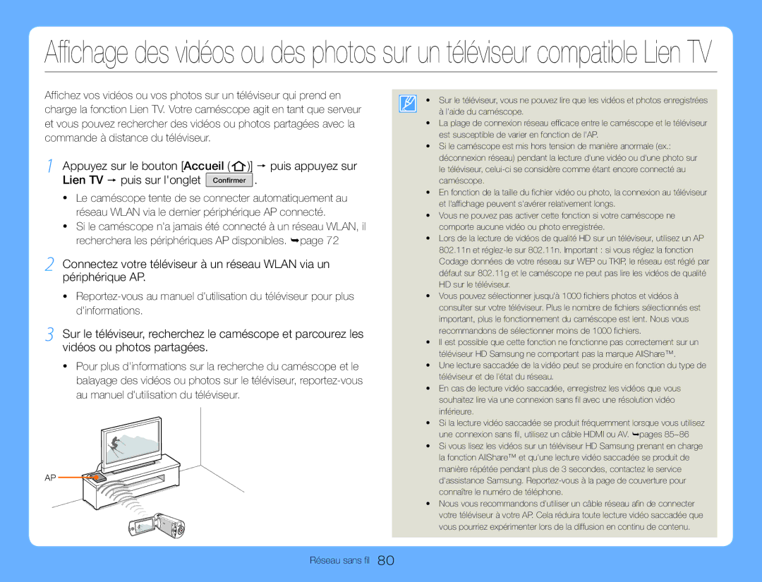 Samsung HMX-QF30BP/EDC, HMX-QF30WP/EDC manual Réseau sans fil 