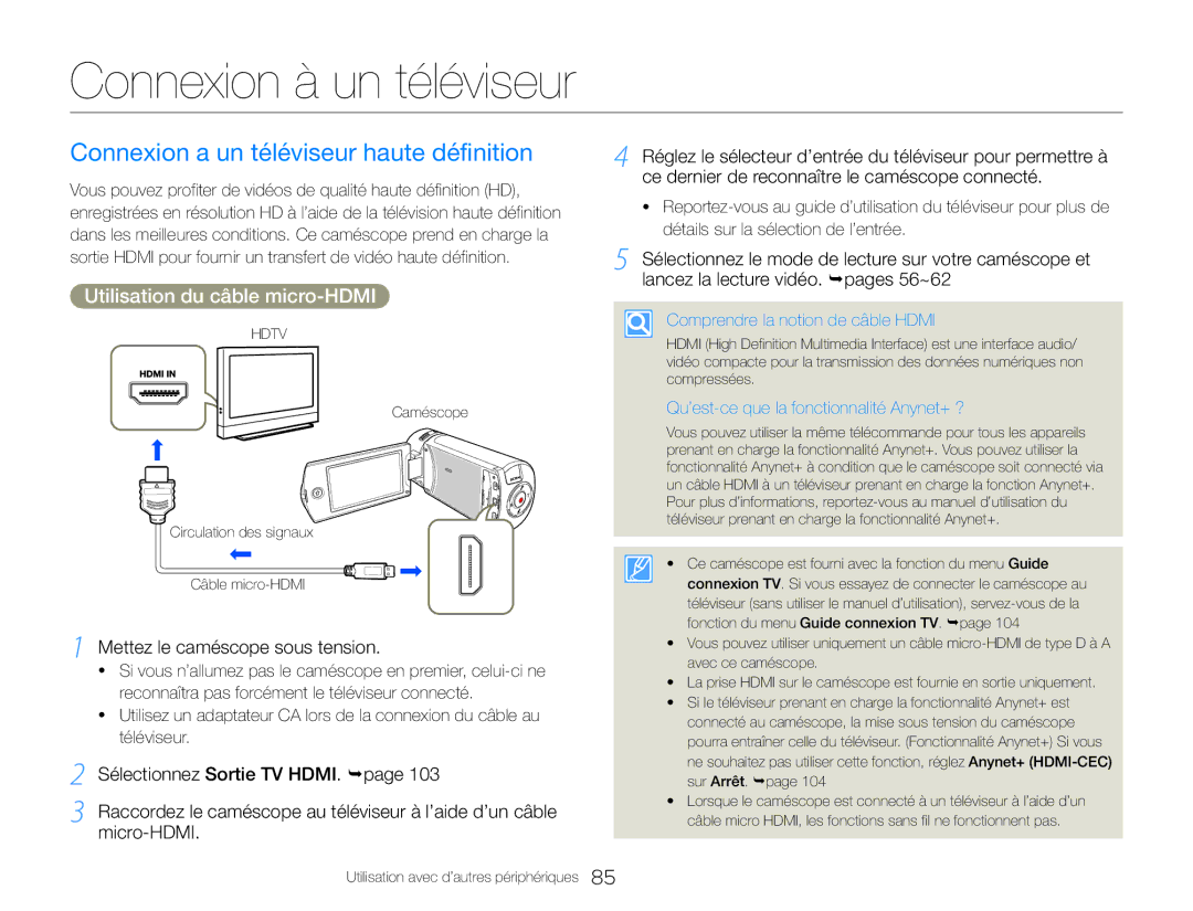 Samsung HMX-QF30WP/EDC, HMX-QF30BP/EDC manual Connexion à un téléviseur, Connexion a un téléviseur haute définition 