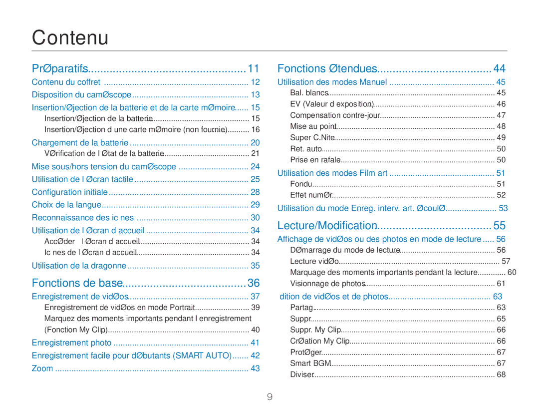 Samsung HMX-QF30WP/EDC, HMX-QF30BP/EDC manual Contenu 