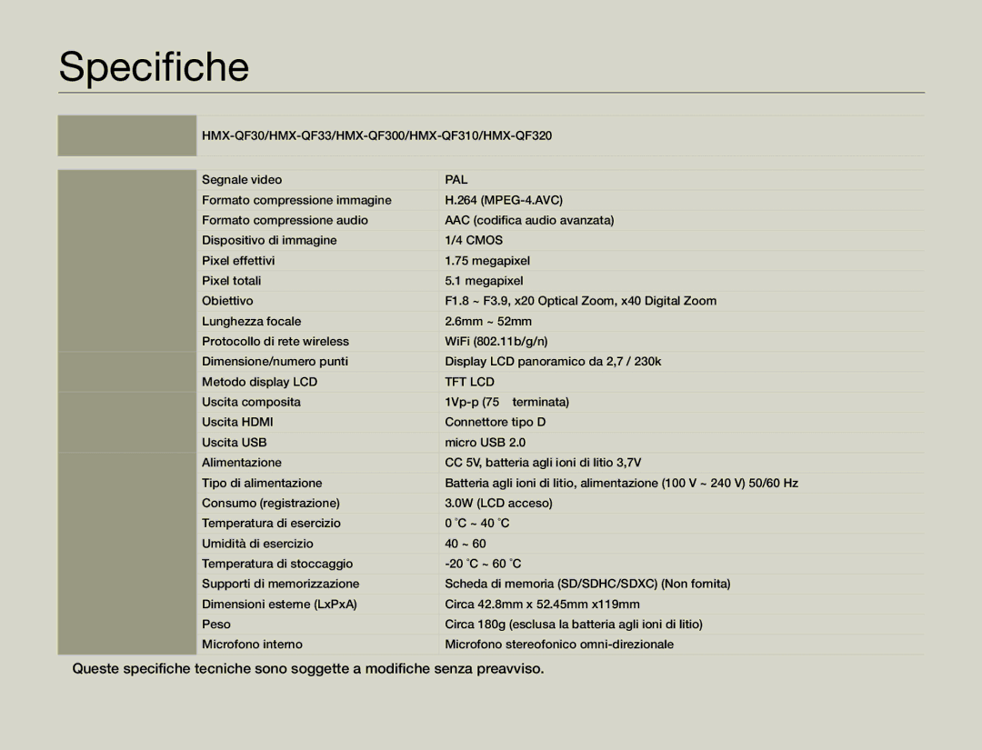 Samsung HMX-QF30WP/EDC, HMX-QF30BP/EDC manual Specifiche, HMX-QF30/HMX-QF33/HMX-QF300/HMX-QF310/HMX-QF320 