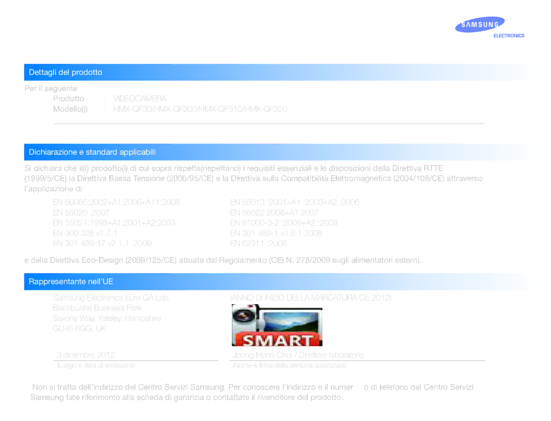 Samsung HMX-QF30BP/EDC, HMX-QF30WP/EDC manual Dichiarazione di conformità, Samsung Electronics Euro QA Lab 