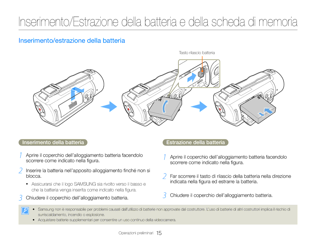 Samsung HMX-QF30WP/EDC Inserimento/estrazione della batteria, Inserimento della batteria Estrazione della batteria, Blocca 