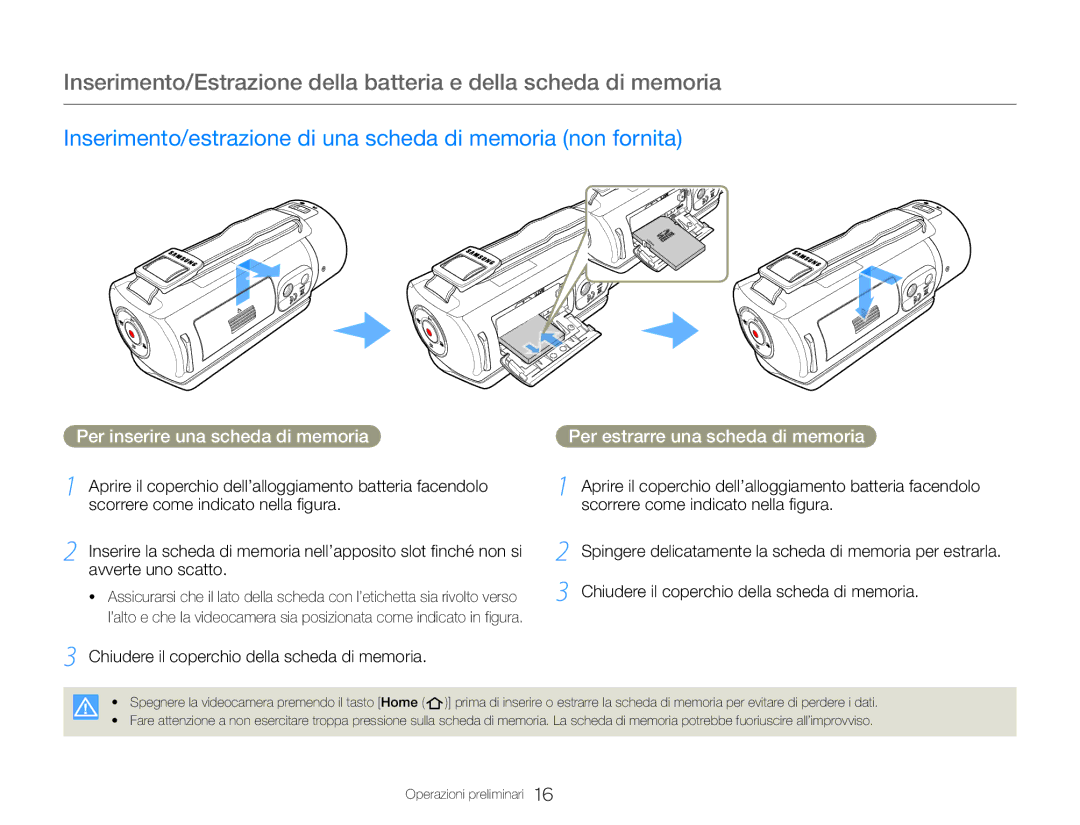 Samsung HMX-QF30BP/EDC, HMX-QF30WP/EDC manual Inserimento/estrazione di una scheda di memoria non fornita 