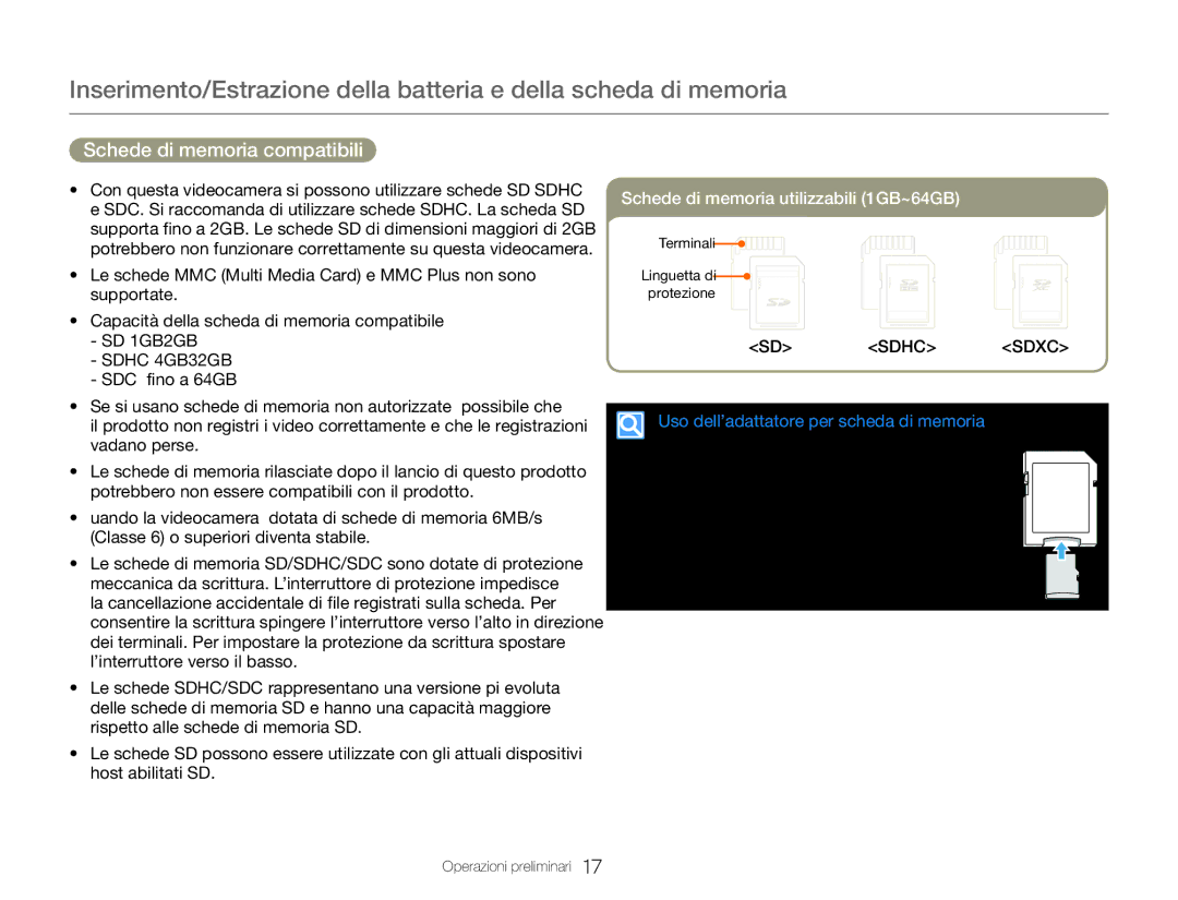 Samsung HMX-QF30WP/EDC, HMX-QF30BP/EDC manual Schede di memoria compatibili, Uso dell’adattatore per scheda di memoria 