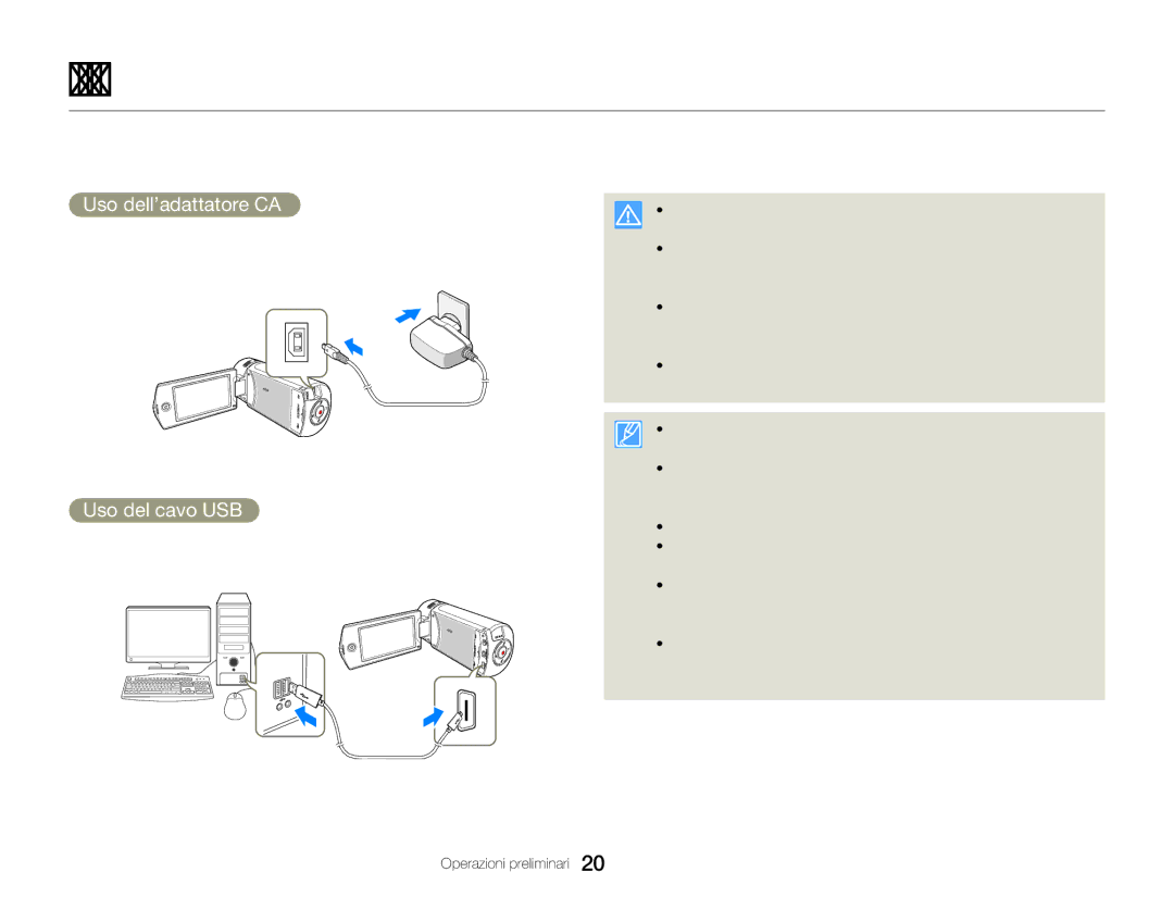 Samsung HMX-QF30BP/EDC, HMX-QF30WP/EDC manual Caricamento della batteria, Uso dell’adattatore CA, Uso del cavo USB 