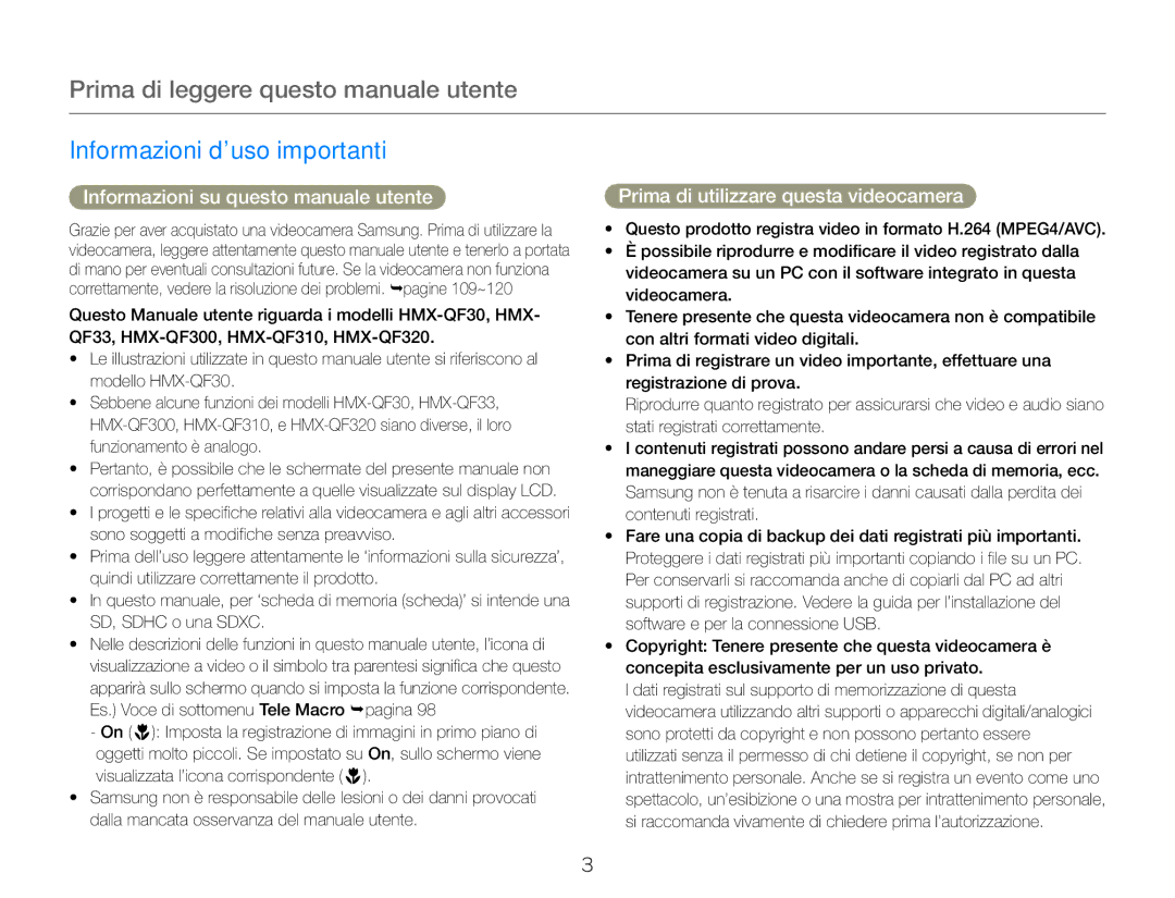 Samsung HMX-QF30WP/EDC, HMX-QF30BP/EDC Prima di leggere questo manuale utente, Informazioni d’uso importanti 