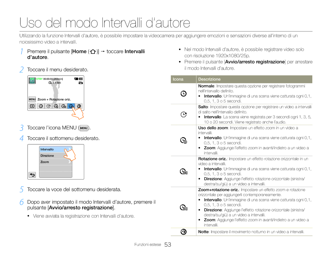 Samsung HMX-QF30WP/EDC manual Uso del modo Intervalli d’autore, Viene avviata la registrazione con Intervalli d’autore 