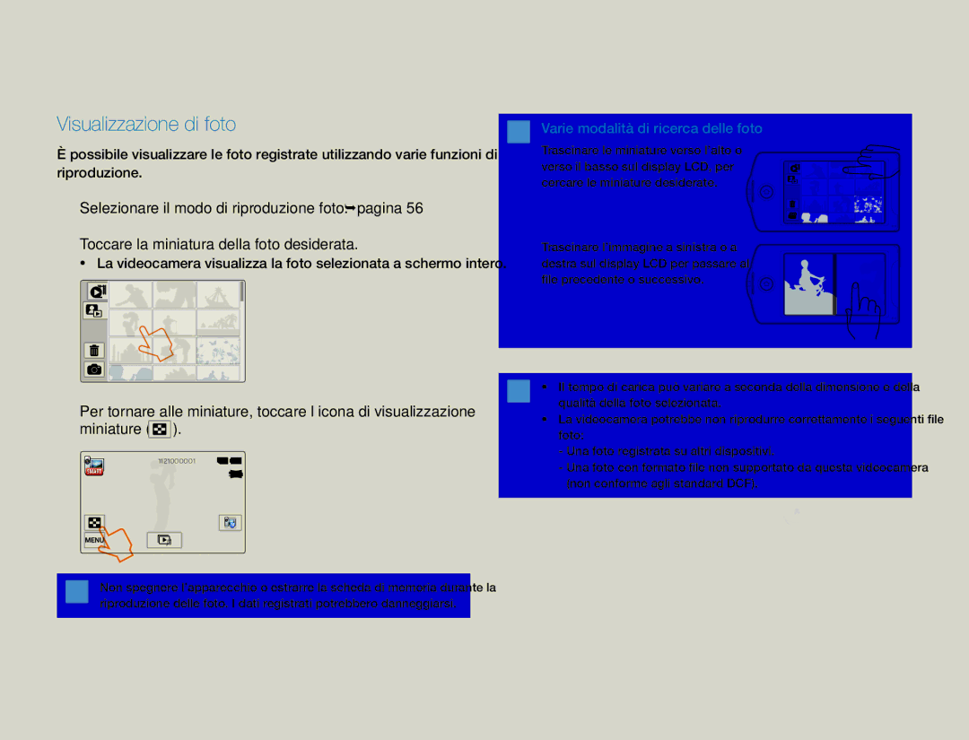 Samsung HMX-QF30WP/EDC, HMX-QF30BP/EDC manual Visualizzazione di foto, Varie modalità di ricerca delle foto 