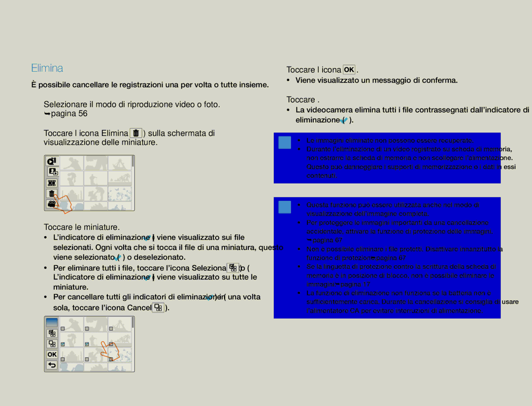 Samsung HMX-QF30WP/EDC Elimina, Toccare l’icona, Selezionare il modo di riproduzione video o foto. pagina, Toccare Sì 